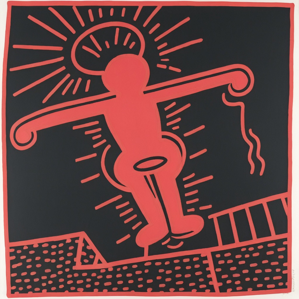 keithharingxl, a red and black drawing of a person falling off a building  <lora:KeithHaringXL_v1:1>