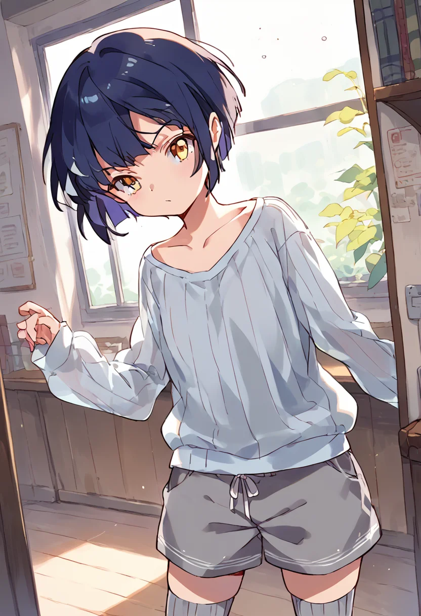 score_9,score_8_up,score_7_up,source_anime,zPDXL3,living room,indoors,
*//*,<lora:NanaseYoshino-v1.0:1>,nanaseyoshino_wug,1girl,solo,yellow eyes,short hair,black hair,collarbone,grey thighhighs,ribbed shirt,(see-through,long sleeves:1.2),ribbon,grey shorts,
*//*,looking at viewer,cowboy shot,dutch angle,dynamic pose,