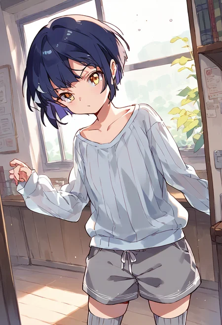 score_9,score_8_up,score_7_up,source_anime,zPDXL3,living room,indoors,
*//*,<lora:NanaseYoshino-v1.0:1>,nanaseyoshino_wug,1girl,solo,yellow eyes,short hair,black hair,collarbone,grey thighhighs,ribbed shirt,(see-through,long sleeves:1.2),ribbon,grey shorts,
*//*,looking at viewer,cowboy shot,dutch angle,dynamic pose,