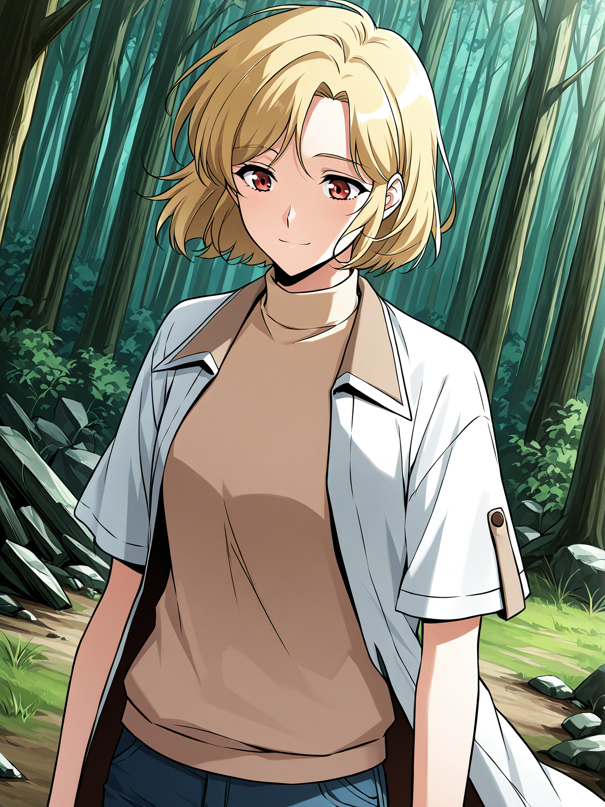 <lora:Omniscient_Readers_Viewpoint__Shin_Yoosung:1>
1girl, solo, short hair, blonde hair, soft expression, light skin,  red brown eyes,
white short-sleeve shirt, beige turtleneck sweater, dark blue jeans, brown boots, layered outfit, modern clothes, 
score_9, score_8_up, score_7_up, very aesthetic, source_anime, detailed, high quality, beautiful, masterpiece, detailed eyes, forest, tree, ruins, cowboy shot, dynamic angle, upper body, light smile, dynamic pose