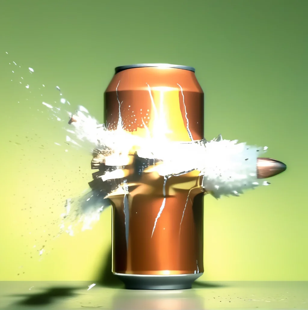 motioshot  a bullet piercing an exploding a can of beer<lora:motioshot:1>