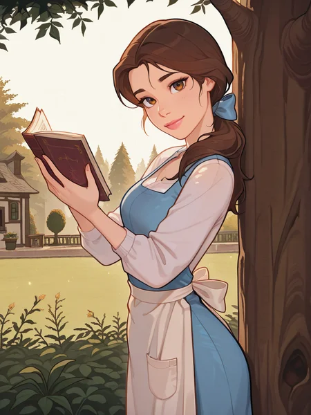 highres, hi res, best quality, masterpiece, cute,
1girl, medium breasts, (BelleXL:1.1), bow, brown hair, brown eyes, blue dress, apron, white shirt, long sleeves, ponytail, lipstick,
light smile, dutch angle, sexy pose, happy, looking at viewer, garden, daylight, outdoors, dynamic pose, cowboy shot, lay on tree, holding books, hands up, head tilt, light particles, from side,
<lora:Belle-IL:0.75> <lora:frostbitev2_Illu_dwnsty:1> frostbite,