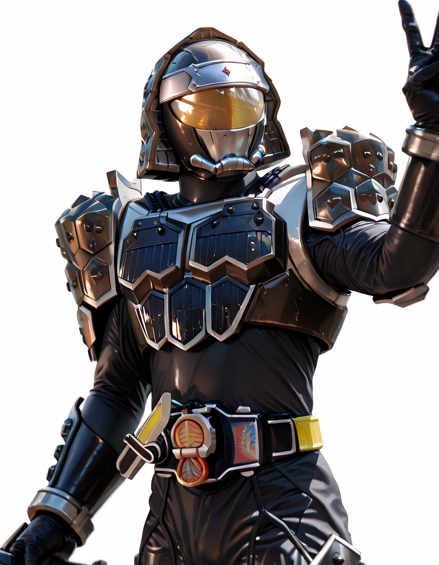 zigou masterpiece, best quality, amazing quality, very aesthetic, absurdres, selfie of KRKUROKAGE, robot, solo, KROKA helmet, KROKA armor, KROKA bodysuit, KROKA belt, KROKA holster, KROKA gloves, KROKA boots, peace sign, white background zigou  <lora:Kamen_Rider_Gaim_-_ä»®é¢ã©ã¤ãã¼ã¬ã¤ã _Kamen_RaidÄ_Gaimu_20_in_1-000010:1> <lora:zigouILL:1>