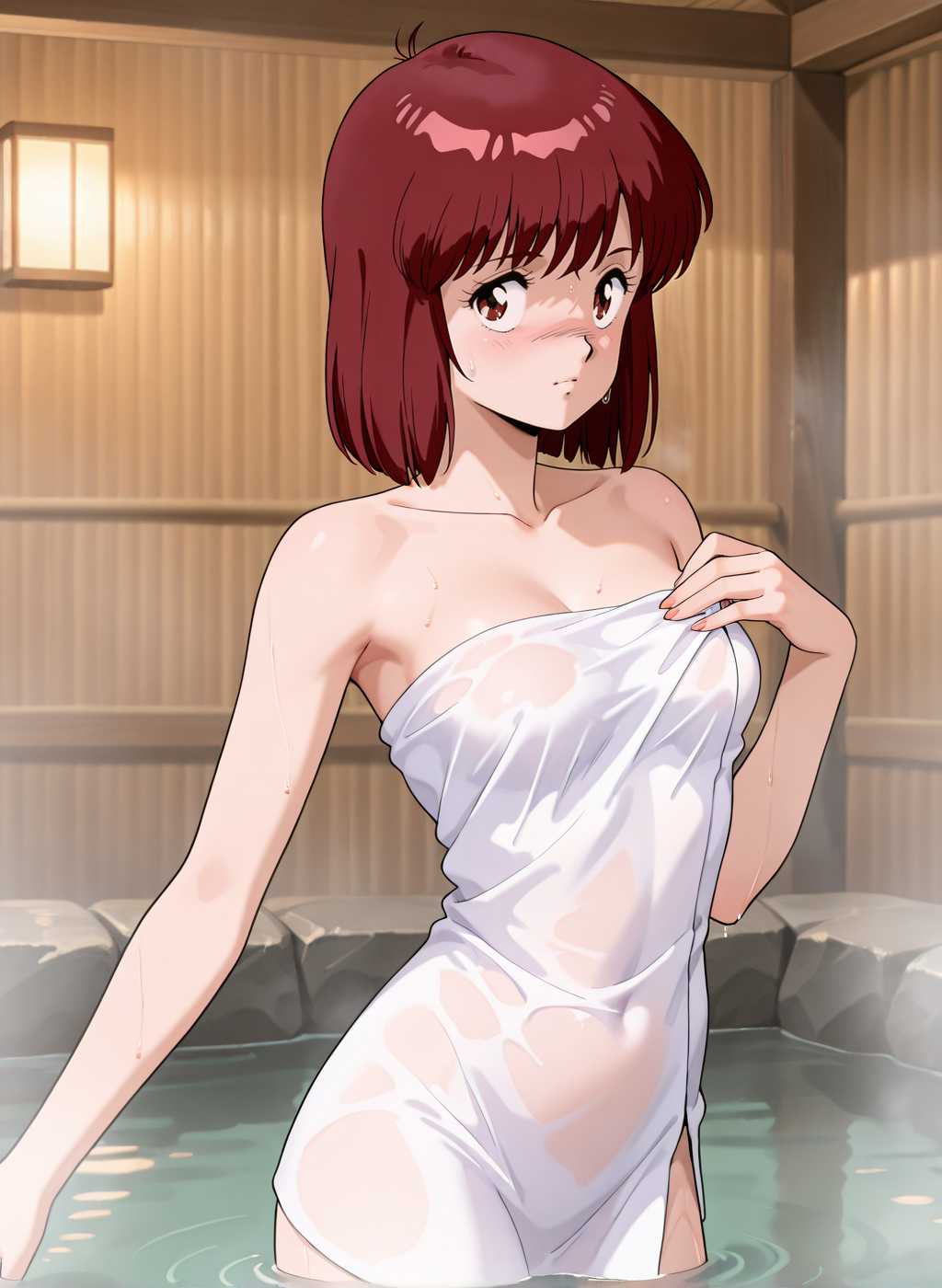High quality,Ultra detailed,best quality,insanely detailed,beautiful,masterpiece,absurdres,very aesthetic,sensitive BREAK
<lora:takaya_noriko_V1_NOOB:1>,(takaya noriko, top wo nerae, red hair, short hair, brown eyes, 1980s \(style\), retro artstyle),1girl,solo,posing,indoors,science fiction,onsen,bath,steam,naked towel,nude,collarbone,standing,sweat,
