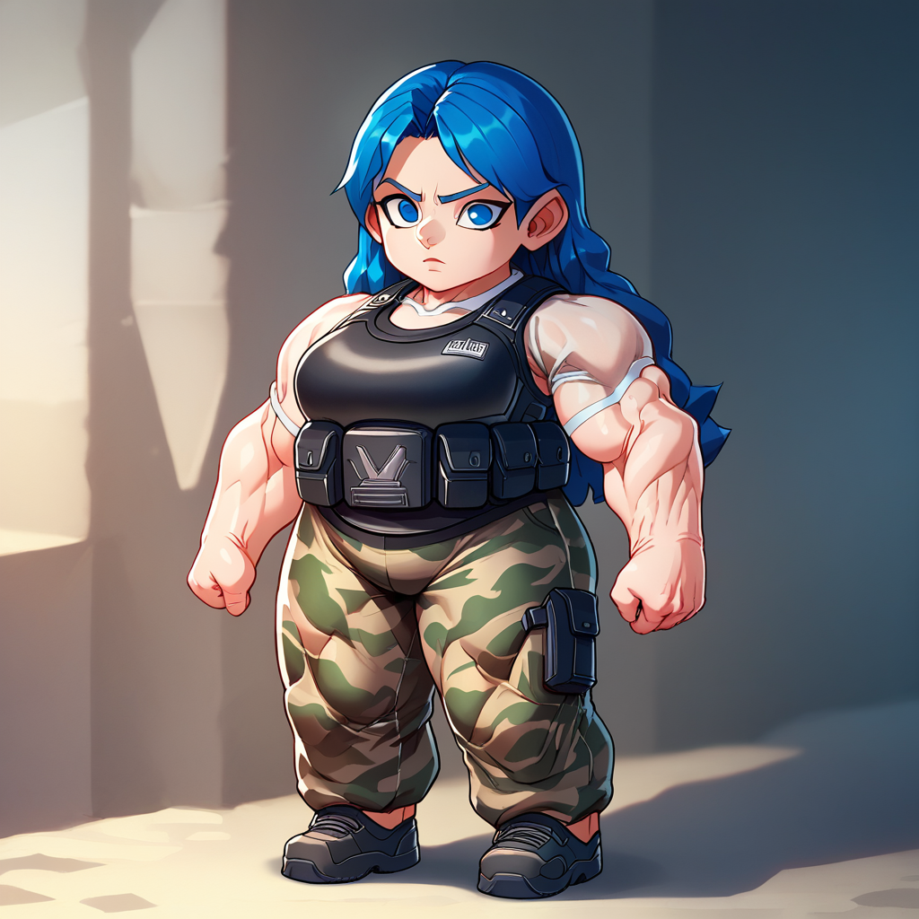 score_9_up, score_8_up, BREAK, LeafBulkGirl, bulk, muscular, 1girl, solo, blue hair, long hair, blue  eyes,  full body, camouflage pants, bulletproof vest, <lora:LeafBulkGirl_PXL_Leaf4:1>,