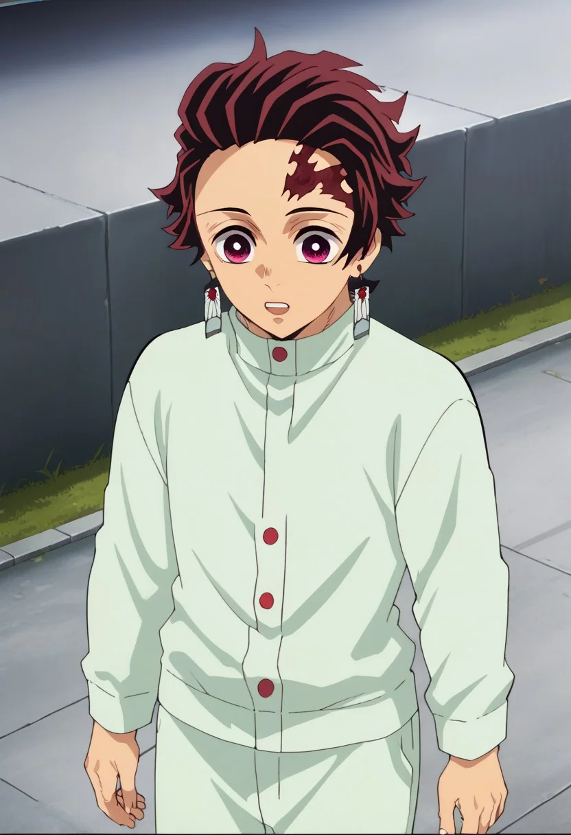 score_9, score_8_up, score_7_up, source_anime, rating_safe, kamado tanjirou, red_Tanjiro_hair, red-white_Tanjiro_eyes, white-red_Tanjiro_earrings, red_Tanjo_scar on forehead, 1boy, male focus, anime screencap, light green_Tanjiro_jacket, light green_Tanjiro_pants, hands with five fingers,