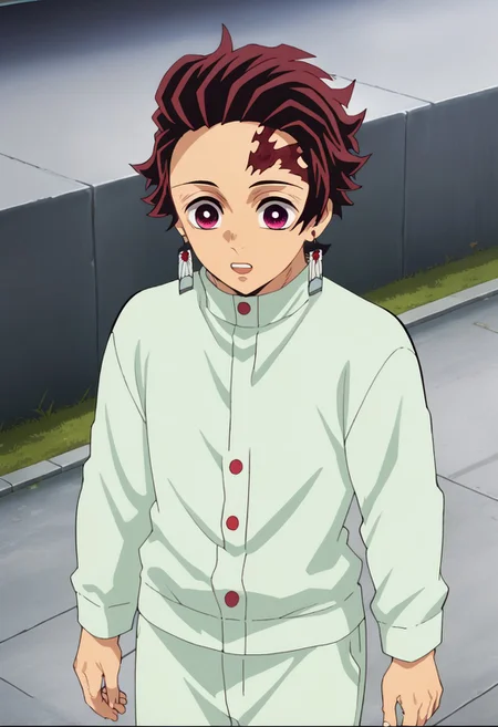 score_9, score_8_up, score_7_up, source_anime, rating_safe, kamado tanjirou, red_Tanjiro_hair, red-white_Tanjiro_eyes, white-red_Tanjiro_earrings, red_Tanjo_scar on forehead, 1boy, male focus, anime screencap, light green_Tanjiro_jacket, light green_Tanjiro_pants, hands with five fingers,