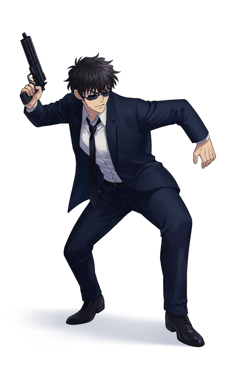 8k, best quality, masterpiece, (ultra-detailed), (high detailed skin), 
(full body:1.25), (white background:1.4), (simple background), standing, (solo:1.2), 
<lora:songping-neta-Tanger:0.8>, songping, 1boy, solo, male focus, black hair, detailed eyes, 
formal, necktie, suit, black necktie, pants, black sunglasses, 
holding weapon, handgun, aiming, holding gun, aim and shoot,