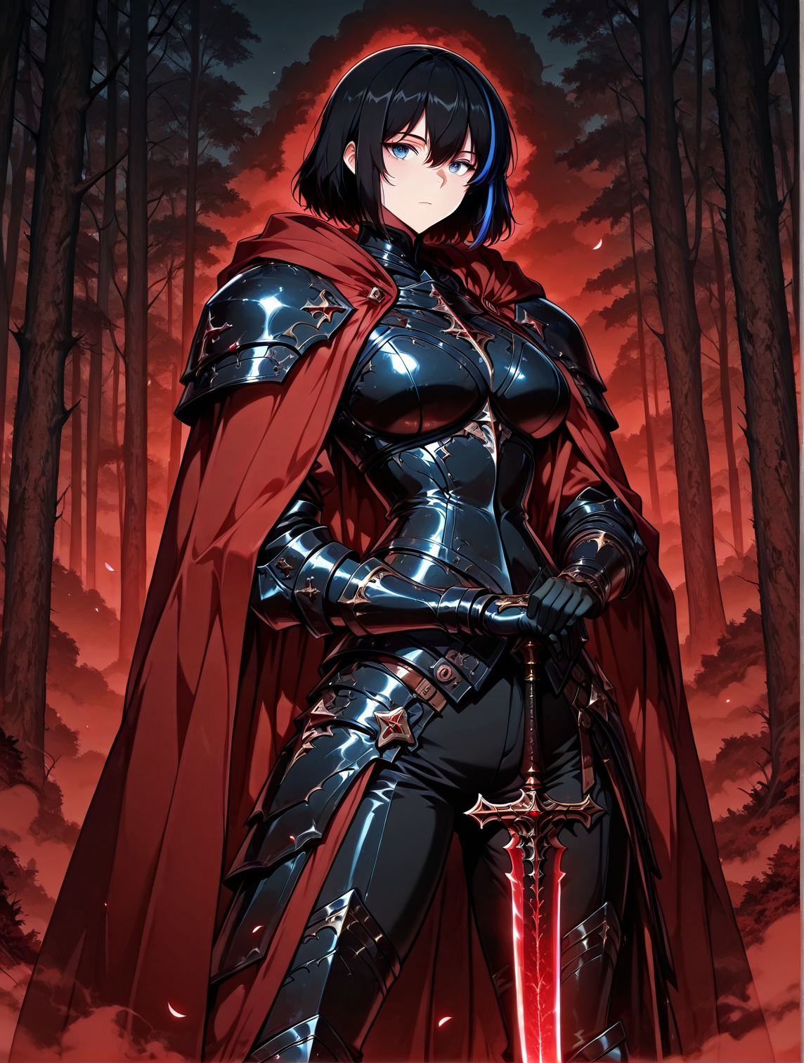 <lora:Cheon_Soyeon__The_Knight_King_Who_Returned_with_a_God__Illustrious:1>
1 girl, solo, black hair, short hair, loose hair, blue hair streak, multicolored hair, streaked hair, bangs, hair between eyes, blue eyes, large breasts
black armored boots, black armored armor, black corset, red cape, gauntlets, black gloves, black pants
zPDXL3, score_9_up, score_8_up, score_7_up, (Anime_source),Masterpiece,(perfect female body:1.2), small waist,(incredibly detailed:1.4), slim, beautiful fingers, sword masterpiece, best quality,high quality, newest, highres,8K,HDR,absurdres, enchanted sword, floating petals, intricate patterns, ethereal glow, hands on hilt, looking at viewer, cowboy shot, legs apart, outdoors, night, red theme, fog, forest <lora:iLLMythG0thicL1nes:1> , <lora:Eyes_High_Definition:1>