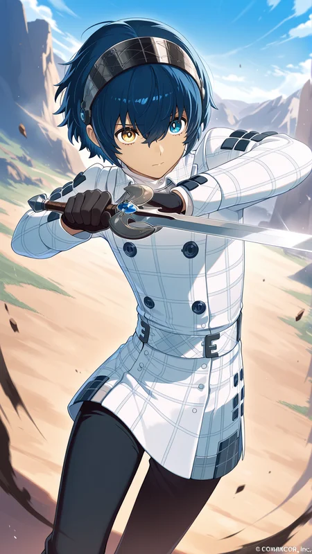 Masterpiece, best quality, newest, solo, 1boy, male focus, <lora:IlluWill:1> illuwilla, blue hair, blue eyes, yellow eyes, heterochromia, hair between eyes, hairband, white jacket, black gloves, black pants, standing, outdoors, holding sword, dynamic pose,