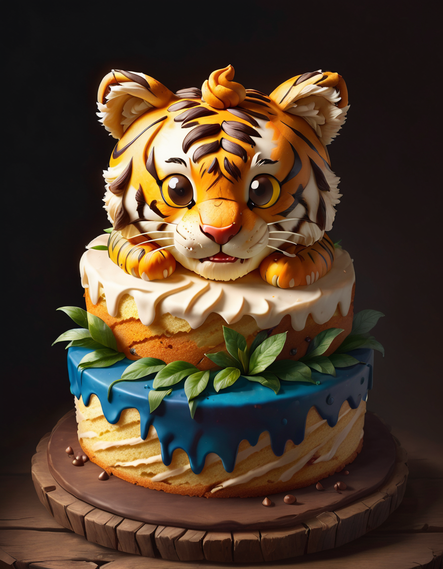 very cute appealing anthropomorphic tiger cake, looking at the viewer, macro, cinematic lighting, fantasy art, dynamic composition, epic realistic, award winning illustration  <lora:FoodPets:1> Foodpets