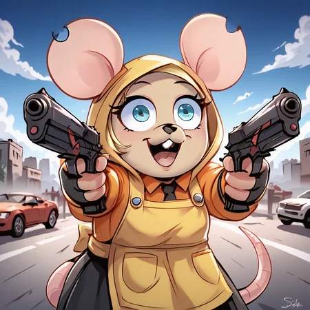 score_9, score_8_up, score_7_up, score_6_up, source_cartoon, (anime), rating_questionable, highest quality, best quality, highly detailed, sexy, beautiful detailed face, detailed background, perfect face, perfect eyes, big eyes, (beautiful face:1.1), shortstack, background: city at night, dynamic pose, <lora:add-detail-xl:0.3>, <lora:DanielRadcliffeHoldingTwoGunsMeme_pdxl_Incrs_v1:1.3>, handgun, guns, holding weapon, holding guns, dual wielding, smile, grin, open mouth, finger on trigger, crazy eyes, wide-eyed, parody <lora:bitsyXL:1> bitsy, mouse, tan body, aquamarine eyes, smol, tail, furry, mouse tail, animal ears, mouse ears, buck teeth, blonde, yellow hood, yellow apron, orange shirt, bald, <lora:Pony_Weapon_Dual_Pistols_-_By_HailoKnight:0.5>, dual pistols, <lora:Pony_Guns:0.5> , dual pistol, right pistol, left pistol