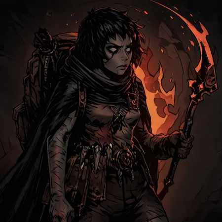 masterpiece, best quality, newest, absurdres, highres,
TTCSV1.0
1girl, DDRAW-V1.0, cape, black hair, short hair, small breasts, backpack, rags, weapon, holding weapon, fire,