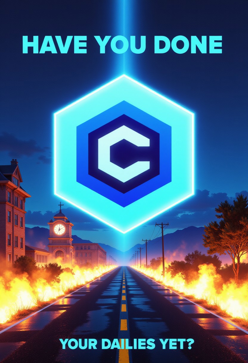 Create an image of a glowing blue hexagon civitaiLogo on an open road with fiery, neon-orange and yellow trails behind it. At the top, in a bold, retro-futuristic font, the text reads: 'HAVE YOU DONE' At the bottom, in the same style, it says: 'YOUR DAILIES YET?' The overall aesthetic should feel dynamic, high-energy, and inspired by 80s sci-fi visuals. there is an old building with a clock tower in the background