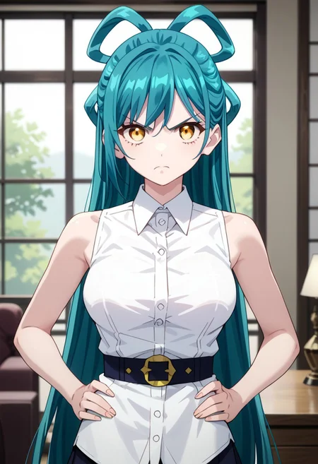 score_9,score_8_up,score_7_up,source_anime,HIMARI_AZUMA,1girl,solo,long hair,breasts,looking at viewer,shirt,closed mouth,bare shoulders,very long hair,standing,blue hair,white shirt,yellow eyes,cowboy shot,sleeveless,collared shirt,indoors,v-shaped eyebrows,sleeveless shirt,bare arms,dress shirt,aqua hair,frown,hair rings,hands on own hips,