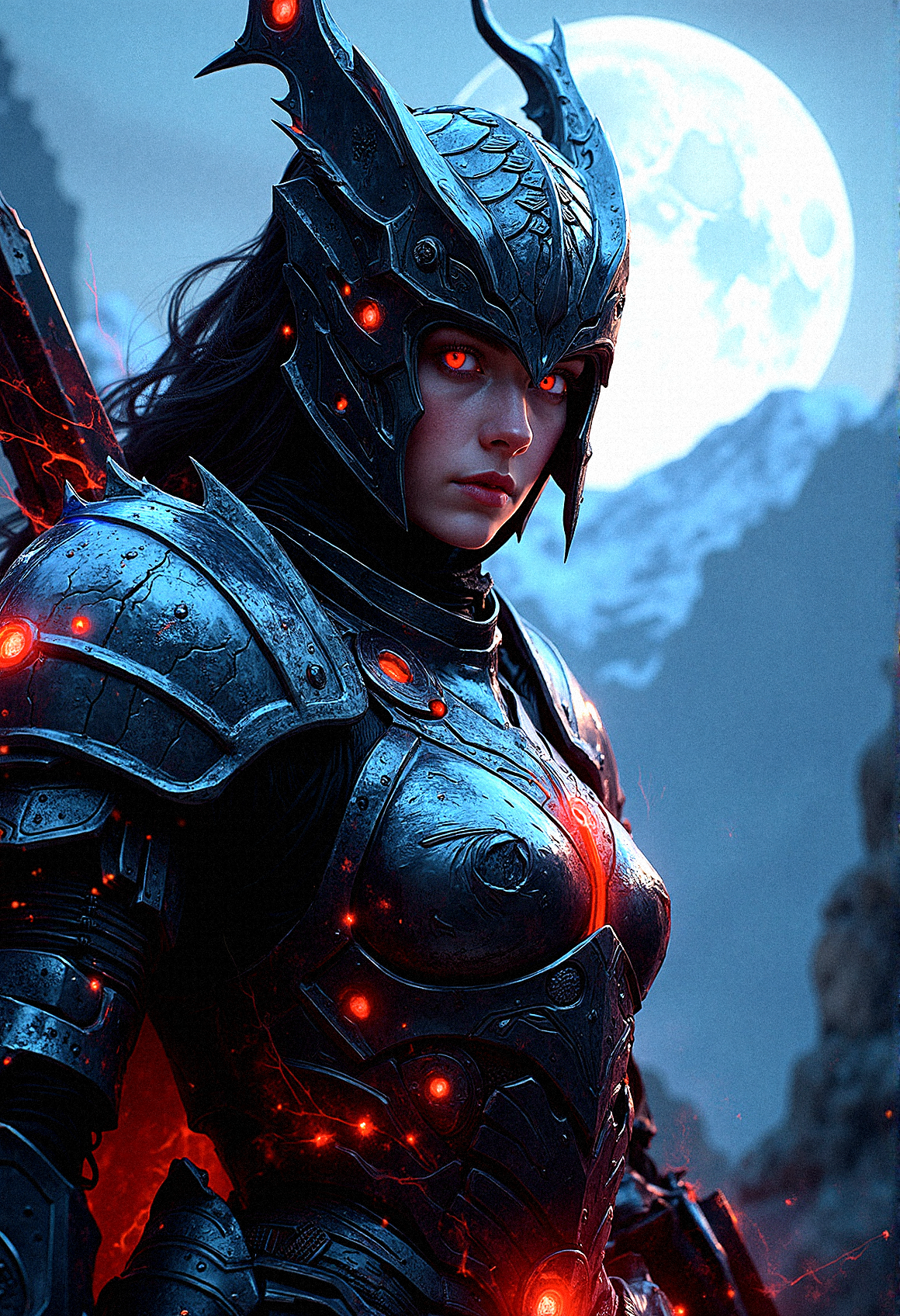 Envision a close-up of a female dark warrior in intricately designed armor, the metal gleaming with both moonlight and an internal, supernatural glow. The armor is detailed with spikes and jagged edges, with red and blue orbs embedded within the chest and shoulders, pulsing rhythmically. The helmet covers most of the face, leaving only the eyes visible, her beautiful crimson eyes that seems to pierce through the night. The figure’s sword, a massive weapon bathed in red flames, reflects on the polished metal, casting shadows and illuminating the faint engravings that run along the edges of the armor. Behind the warrior, the full moon hangs low in the sky, surrounded by swirling red and blue energy clouds that seem to pulse in time with the orbs on the armor.
Jagged mountains in the background, barely visible under the moonlight, adding a sense of scale.Jagged mountains in the background, barely visible under the moonlight, adding a sense of scale.

The close-up captures the tension and raw power of the scene, with every detail of the armor and weapon meticulously rendered, giving a sense of both ancient craftsmanship and otherworldly strength.Head angled slightly to the right, her intense gaze focused forward, as the flames illuminate the engravings on her armor.
Embedded Crystal Veins – Red and blue crystal veins branching out from the orbs, giving a fractured look.

