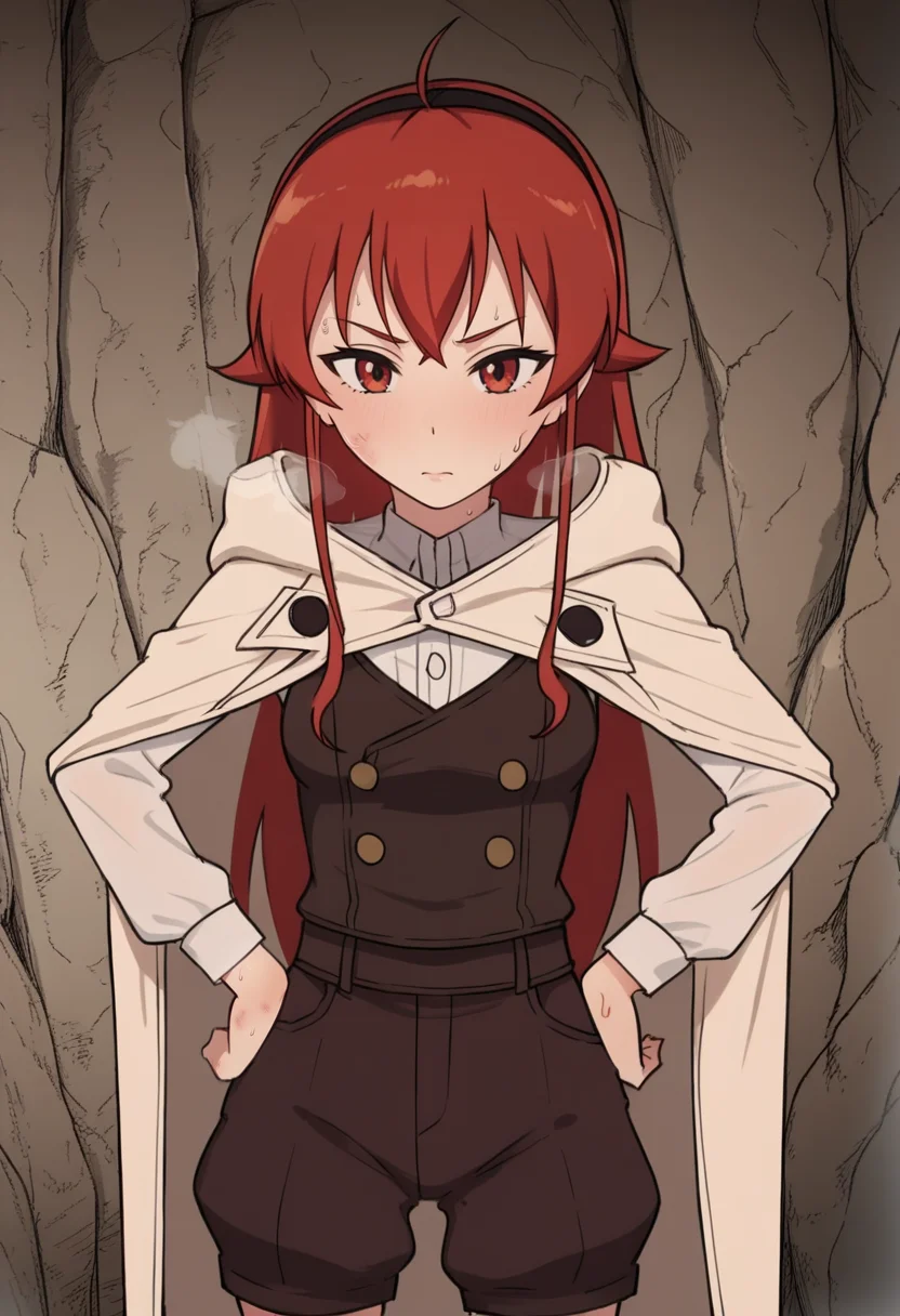 source_anime,anime screencap, anime coloring,source_anime,intricate details,rating_explicit, masterpiece, best quality,(best quality, absurd res, ultra detailed),,(4 finger:0.5),1girl, ((solo)), good eyes,perfect eyes,,detailed eyes, zPDXLxxx , zPDXL3, OverallDetail,detailed, detailed face, cave, front view, <lora:add-detail-xl:2>,
BREAK <lora:eris_-_giga:1>, eris, red hair, long hair, bangs, red eyes, ahoge, hairband, white shirt, vest, brown shorts, hoodie, hands on hips, standing, bruises, tired, heavy breathing, sweating,