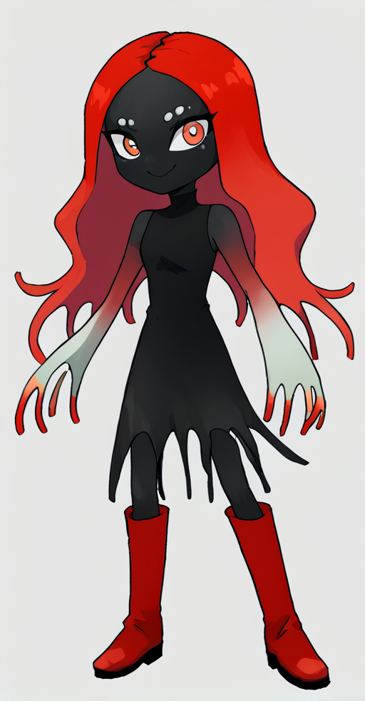 score_9, 1girl, solo, boots, colored skin, black skin, red hair, long hair, smile, <lora:finn_feeder_splatoon:1>