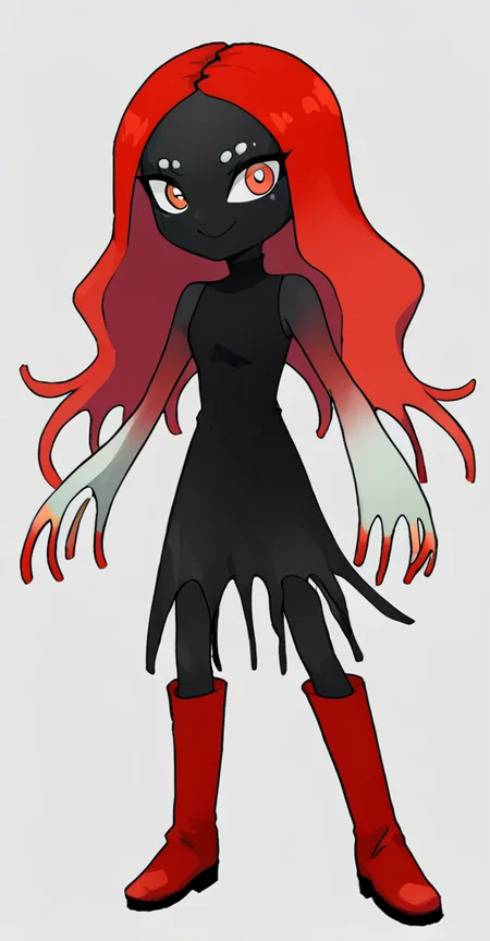 score_9, 1girl, solo, boots, colored skin, black skin, red hair, long hair, smile, <lora:finn_feeder_splatoon:1>