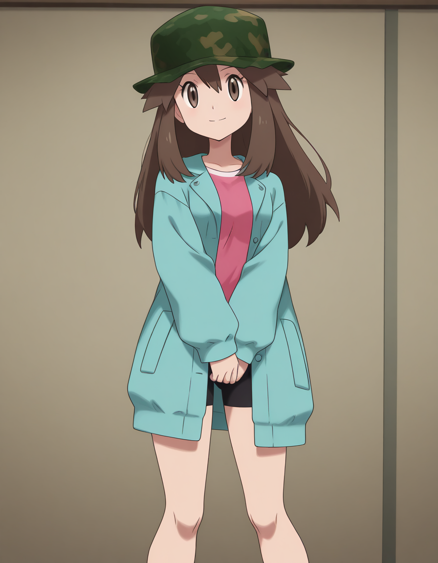 official style,leaf (pokemon), pokemon,long hair,brown hair,brown eyes,camouflage headwear,green headwear,aqua coat,open coat,long sleeves,pink shirt,shirt untucked,black bike shorts, sneakers,black footwear,green laces,bare legs,Hayashi,(colloseum:1.2),,
(forest:1.1),,
(anime screencap), 2d cel anime,anime cap,anime,anime style,anime cel,cell shaded,dutch angle,,soft brightness,perfect face,perfect nose, perfect hair, perfect eyes,perfect female body,perfect skin,a face of perfect proportion,perfect lighting,perfect anatomy,perfect proportion,perfect hands,perfect legs,perfect fingers,masterpiece,
medium breasts,
perky breasts,best quality,very aesthetic,absurdres,16k,intricate detail,amazing quality,(bold:3.12),thick outline,black outline,harsh lines,soft lines,deluster,boldline,curvy,(anime coloring:1.2), light smile,slim,(gray background:-1),
looking at viewer,
super fine illustration,detailed linework,vibrant colors,kawaii,flat color, <lora:ãã±ããã¢ã³ã¹ã¿ã¼ãã¸ã³ã¹ãªã¼ãillustriousPokemonSygna_Leafillustrious-000017:1:0.8>