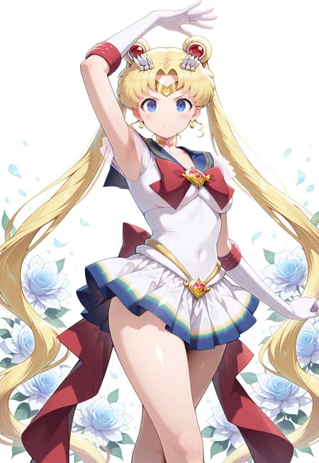 masterpiece,extremely detailed,best quality,amazing quality,newest,absurdres,highres, super detailed skin,1 girl, supersailormoon, twintails, circlet, earrings, heartchoker, white back bow ,gloves, miniskirt,, one arm up, graceful dancing posture,  crossed legs standing up, proud and defiant face, serious_expression, floral print background