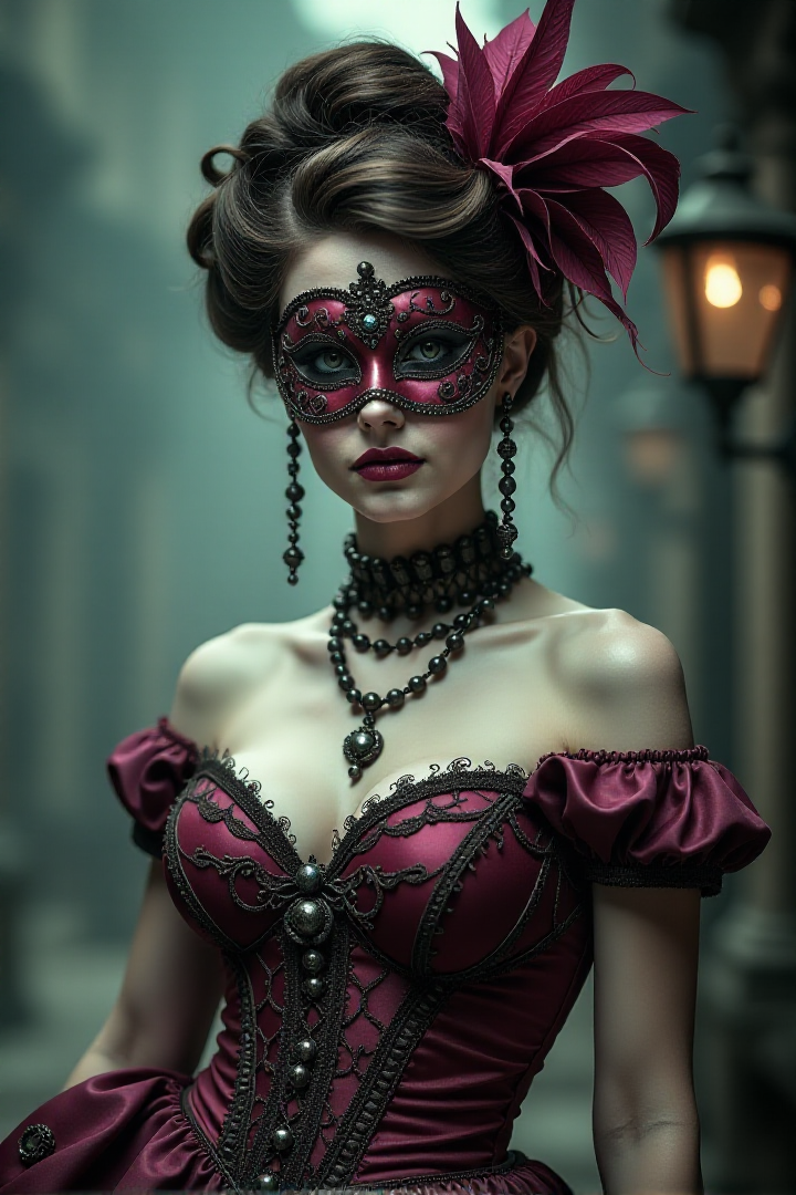 nobless with venetian mask, rococo, big breasts, hyperdetailed, bokeh, carnveal scenery, monochrome masterwork, glimpses of teal and pink, soft but rim light, mysteriousâââ