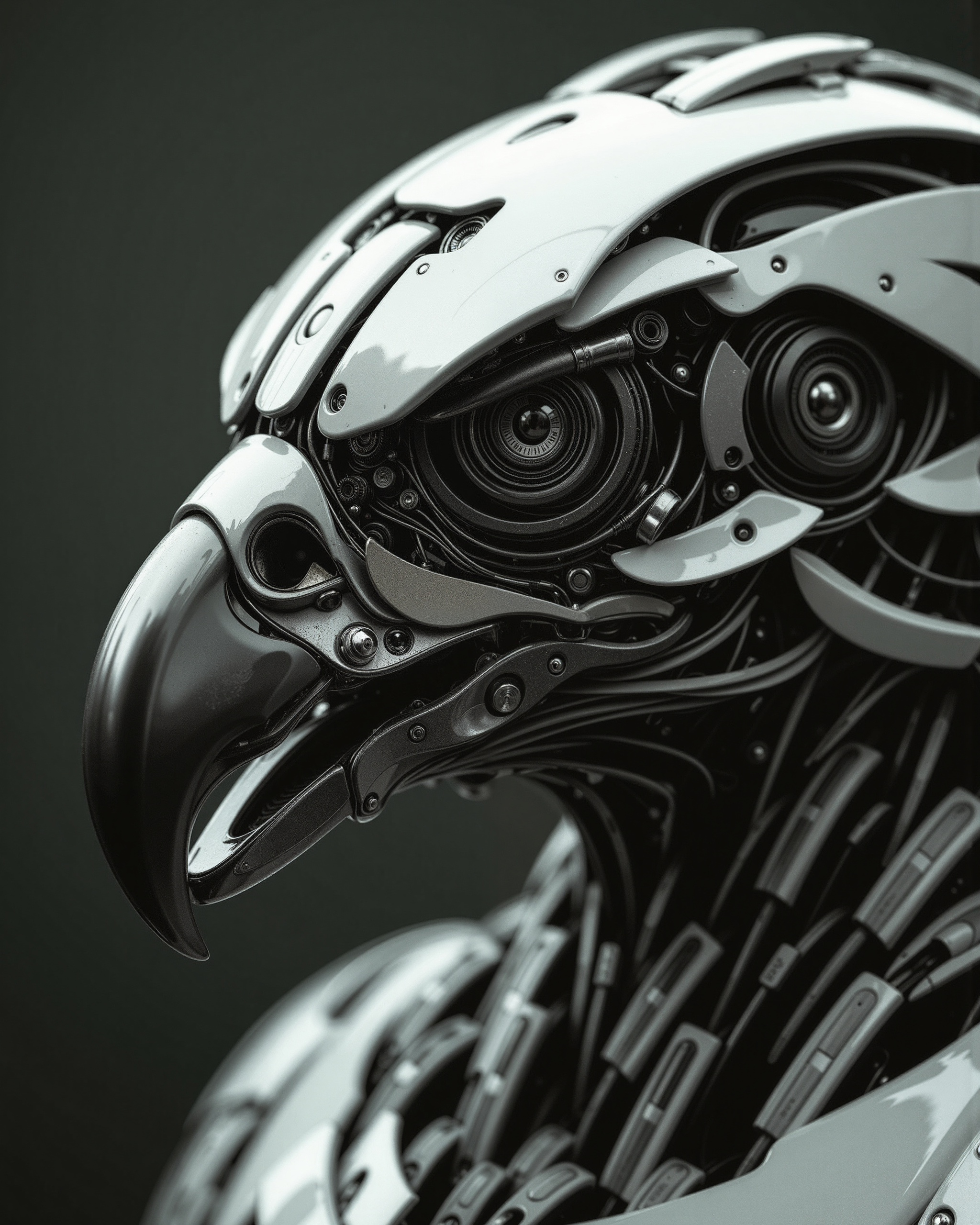A highly detailed, high-quality image in the style of ckrcc, close up of a robotic bird's head, an eagle with an iconic beak, transformers inspired,