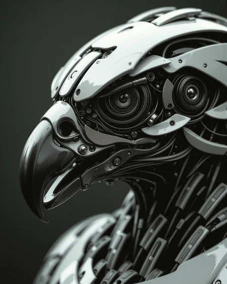 A highly detailed, high-quality image in the style of ckrcc, close up of a robotic bird's head, an eagle with an iconic beak, transformers inspired,
