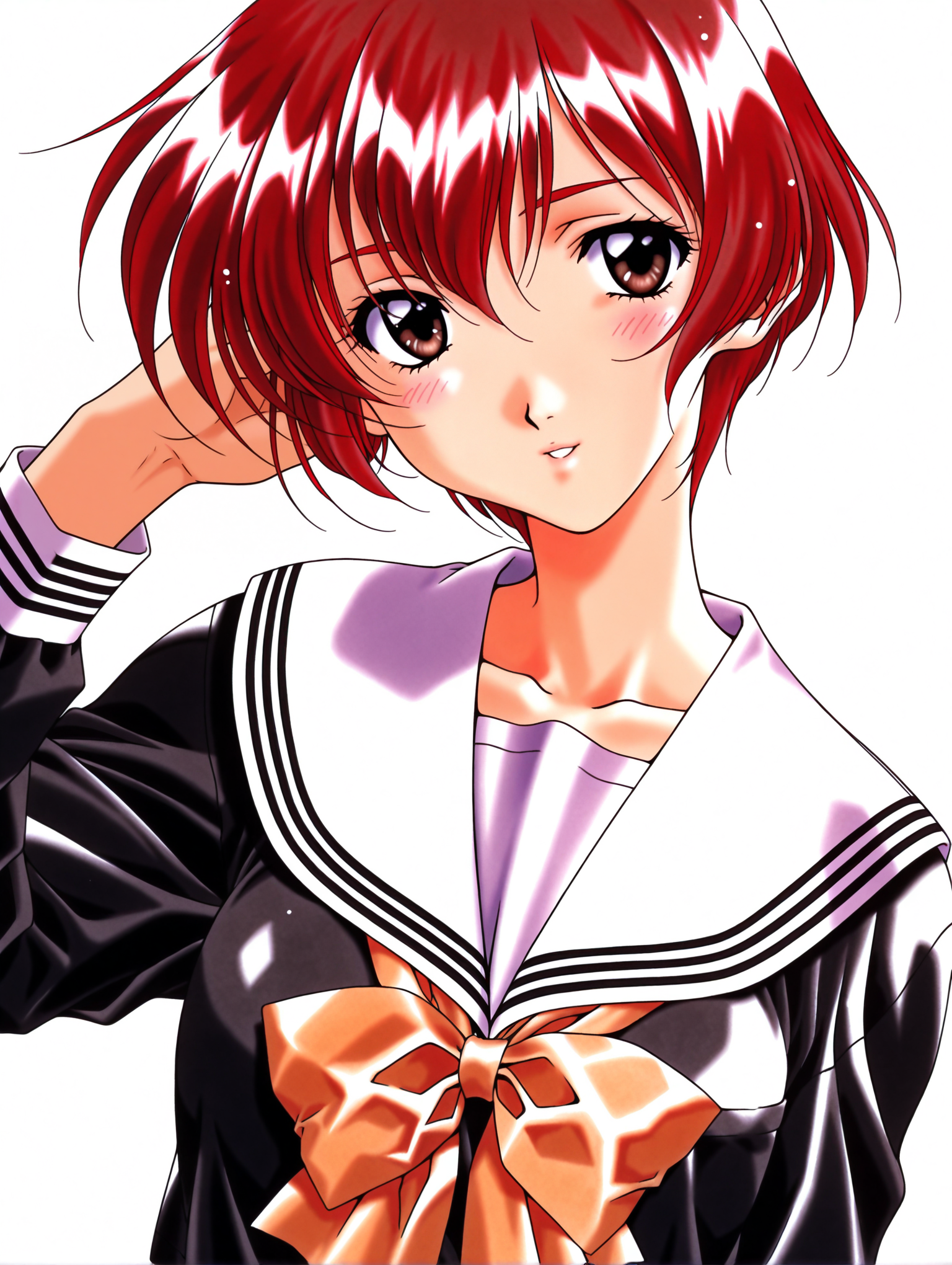 masterpiece,best quality,newest,
1girl,solo,
1990s \(style\),retro artstyle,<lora:nanase_yuuilxl_v1.0:1>,n_yuu,short hair,red hair,brown eyes,y_clothes,black serafuku,long sleeves,
<lora:Fixhands_anime_bdsqlsz_V1:1>,simple_background,white_background,upper_body,looking_at_viewer,head_tilt,expressionless,parted lips,light_blush,smile,