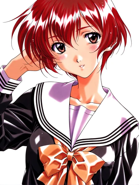 masterpiece,best quality,newest,
1girl,solo,
1990s \(style\),retro artstyle,<lora:nanase_yuuilxl_v1.0:1>,n_yuu,short hair,red hair,brown eyes,y_clothes,black serafuku,long sleeves,
<lora:Fixhands_anime_bdsqlsz_V1:1>,simple_background,white_background,upper_body,looking_at_viewer,head_tilt,expressionless,parted lips,light_blush,smile,