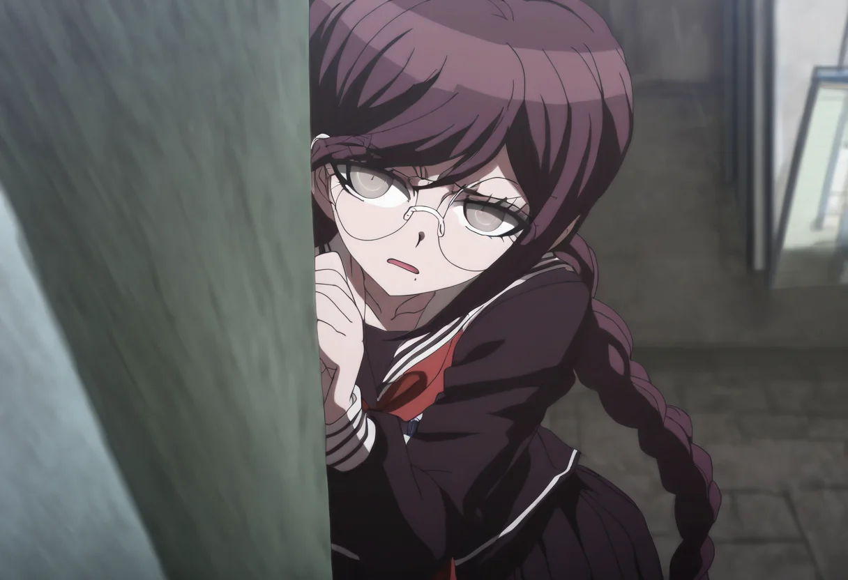 (((solo))), masterpiece, best quality, very aesthetic, modern, modern anime, newest, absurdres, highres, bird's eye view , remorseful expression , (((solo))),danganronpa_(series),<lora:Toko_Fukawa_Illustrious:1>, This anime screencap is from Danganronpa the Animation. Toko Fukawa sits in the school courtyard, peeking over the top of a massive dictionary she's hiding behind. Her eyes follow Byakuya as he walks past, while her hand automatically writes in her notebook without looking, the pages filling with lovestruck poetry. Toko Fukawa wearing her uniform from Danganronpa 1. She has long dark purple hair in two braids, gray eyes and large round glasses. Her large, dark grey glasses are slightly crooked at an angle. Her uniform is a dark purple Japanese school uniform. The uniform has long sleeves, a collared shirt with a red ribbon and a long skirt with the school crest on the upper left sleeve. A red ribbon is tied around the collar of her shirt.