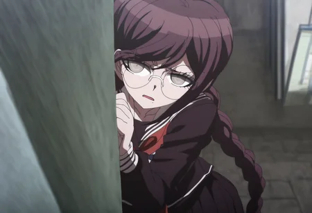 (((solo))), masterpiece, best quality, very aesthetic, modern, modern anime, newest, absurdres, highres, bird's eye view , remorseful expression , (((solo))),danganronpa_(series),<lora:Toko_Fukawa_Illustrious:1>, This anime screencap is from Danganronpa the Animation. Toko Fukawa sits in the school courtyard, peeking over the top of a massive dictionary she's hiding behind. Her eyes follow Byakuya as he walks past, while her hand automatically writes in her notebook without looking, the pages filling with lovestruck poetry. Toko Fukawa wearing her uniform from Danganronpa 1. She has long dark purple hair in two braids, gray eyes and large round glasses. Her large, dark grey glasses are slightly crooked at an angle. Her uniform is a dark purple Japanese school uniform. The uniform has long sleeves, a collared shirt with a red ribbon and a long skirt with the school crest on the upper left sleeve. A red ribbon is tied around the collar of her shirt.