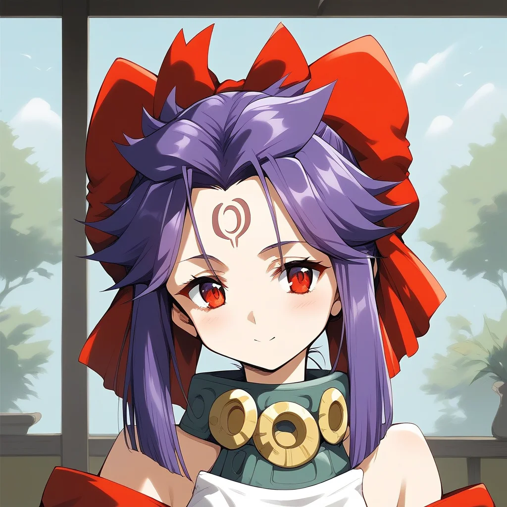 score_9, score_8_up, score_7_up, source_anime, rating_explicit, BREAK <lora:kakurine_Ver2.1_XL:1> kakurine, forehead mark, red eyes, purple hair, long hair, sidelocks, hair bow, red bow, collar,
headshot.
tatami, Japanese room,