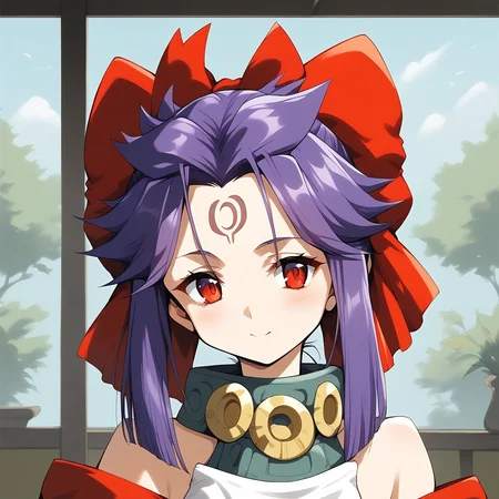 score_9, score_8_up, score_7_up, source_anime, rating_explicit, BREAK <lora:kakurine_Ver2.1_XL:1> kakurine, forehead mark, red eyes, purple hair, long hair, sidelocks, hair bow, red bow, collar,
headshot.
tatami, Japanese room,