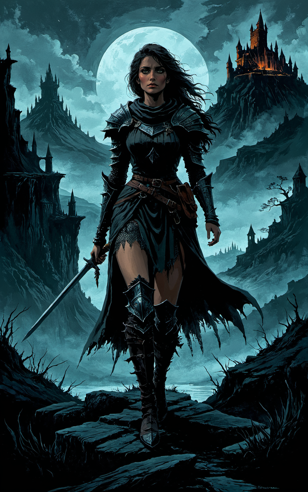 a landscape Dark fantasy, 80s, adventurer, dark souls,a woman,dark color palette,