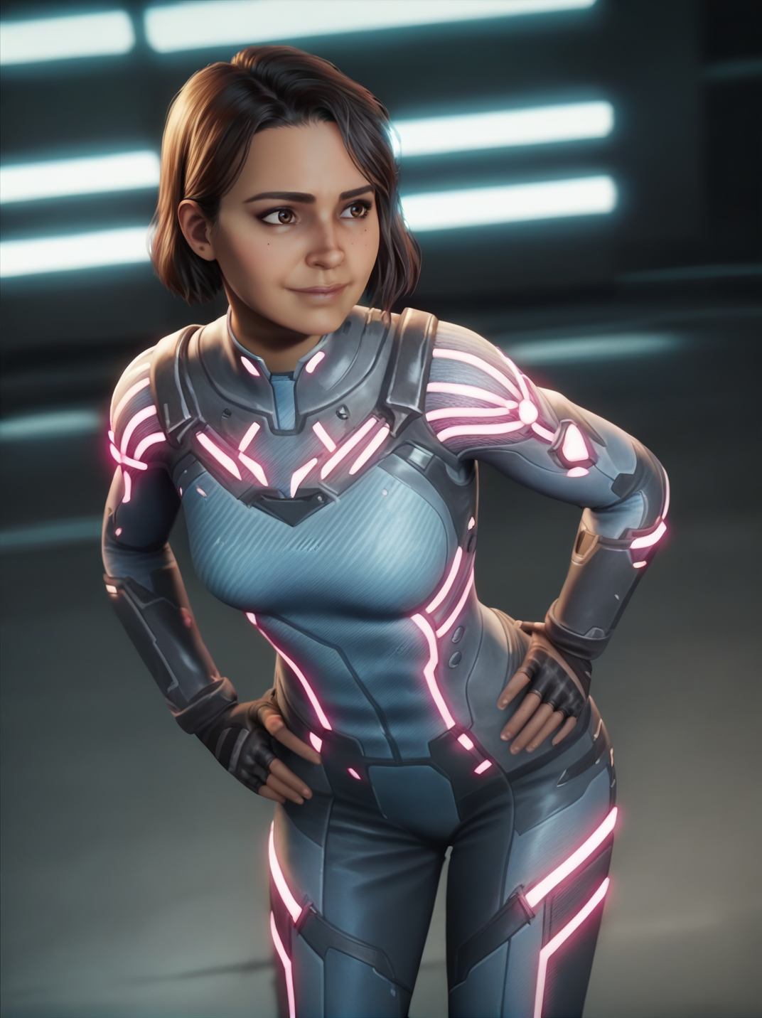 score_9, score_8_up, score_7_up,,
MioXL, dynamic pose, dynamic angle, one hand on hips, leaning forward, light smile, cowboy shot, dutch angle, medium breasts,
<lora:AMioSplitFiction_character:1>, short hair, brown hair, brown eyes, neon trim, bodysuit, fingerless gloves, armor, realistic, screencap,