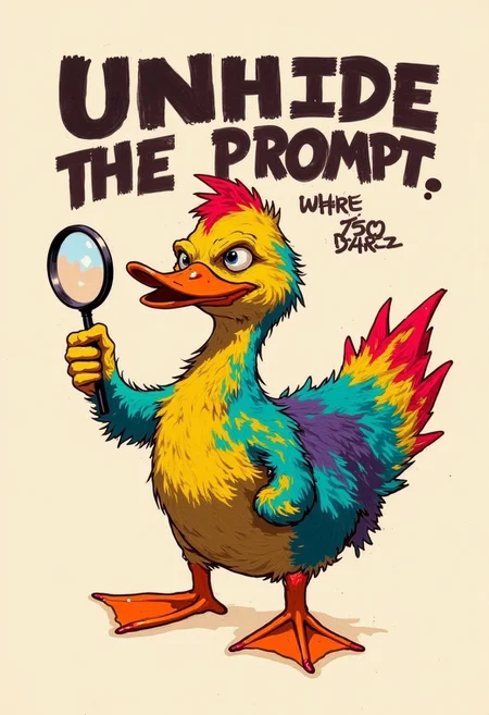 A cartoon duck, rainbow with orange beak and feet, is holding a magnifying glass and wearing monocle.
The duck is positioned in the center-left of the image, holding a magnifying glass in its left hand and with a confident, slightly intimidating expression.
The text "UNHIDE THE PROMPT!" is written in bold, dark letters above and around the duck. The words "UNHIDE" are stacked vertically, while "THE PROMPT" is positioned below and slightly to the right of the main phrase.
The background is a light beige or cream color.
<lora:FLUX-daubrez-DB4RZ-v2:1> DB4RZ, DB4RZ style painting