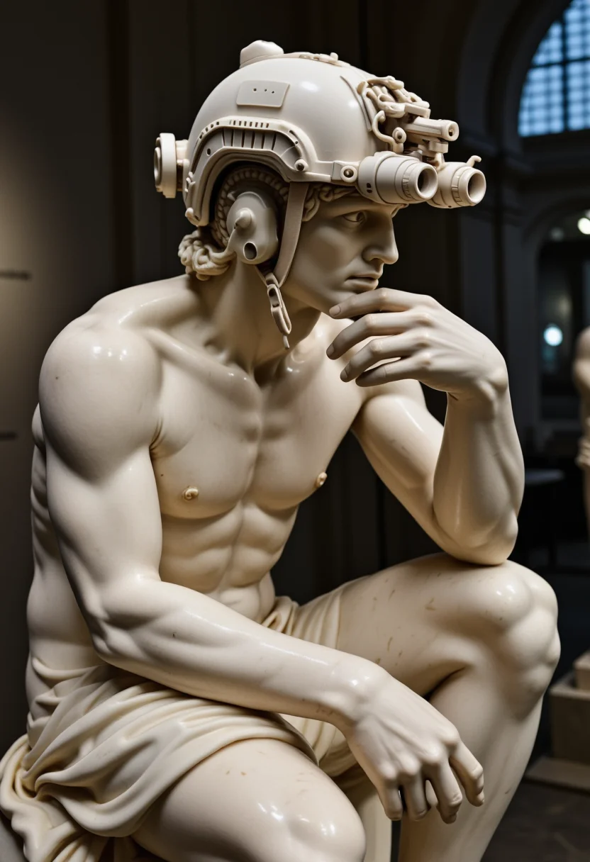 a photograph of a marble statue of the thinker a modern military helmet equipped with night vision goggles The helmet is also carved out of marble as well as the night vision two tubes above his eyeline, in a museum, the statue is in a courched pose, holding one hand up to his chin in a thinking pose,