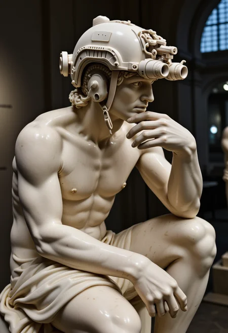 a photograph of a marble statue of the thinker a modern military helmet equipped with night vision goggles The helmet is also carved out of marble as well as the night vision two tubes above his eyeline, in a museum, the statue is in a courched pose, holding one hand up to his chin in a thinking pose,