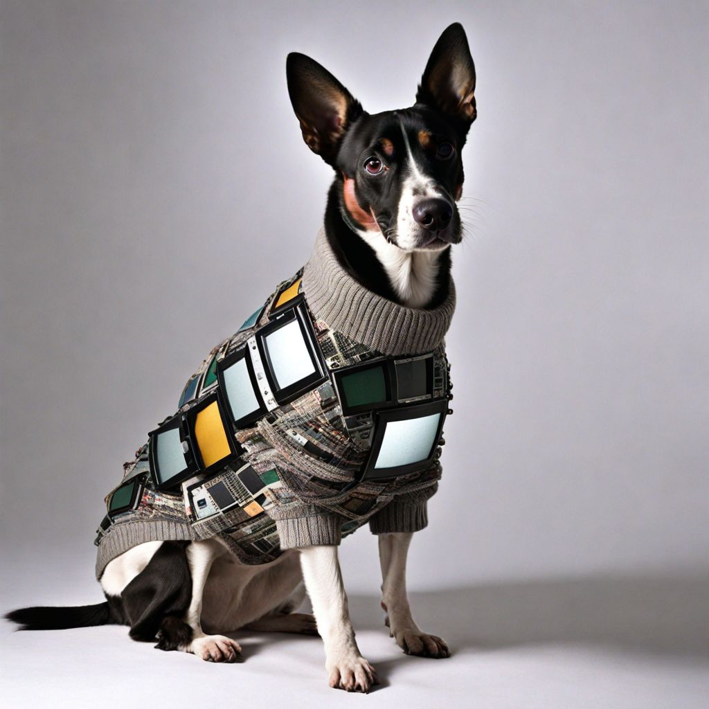 A photo a dog wearing a sweater made out of old CRT screens  <lora:Made_out_of_old_CRT_screens_-_SDXL_LoRA:0.8>