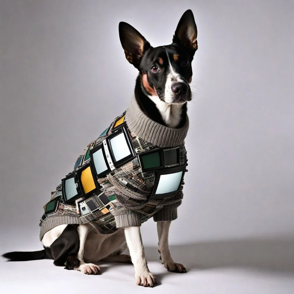 A photo a dog wearing a sweater made out of old CRT screens  <lora:Made_out_of_old_CRT_screens_-_SDXL_LoRA:0.8>