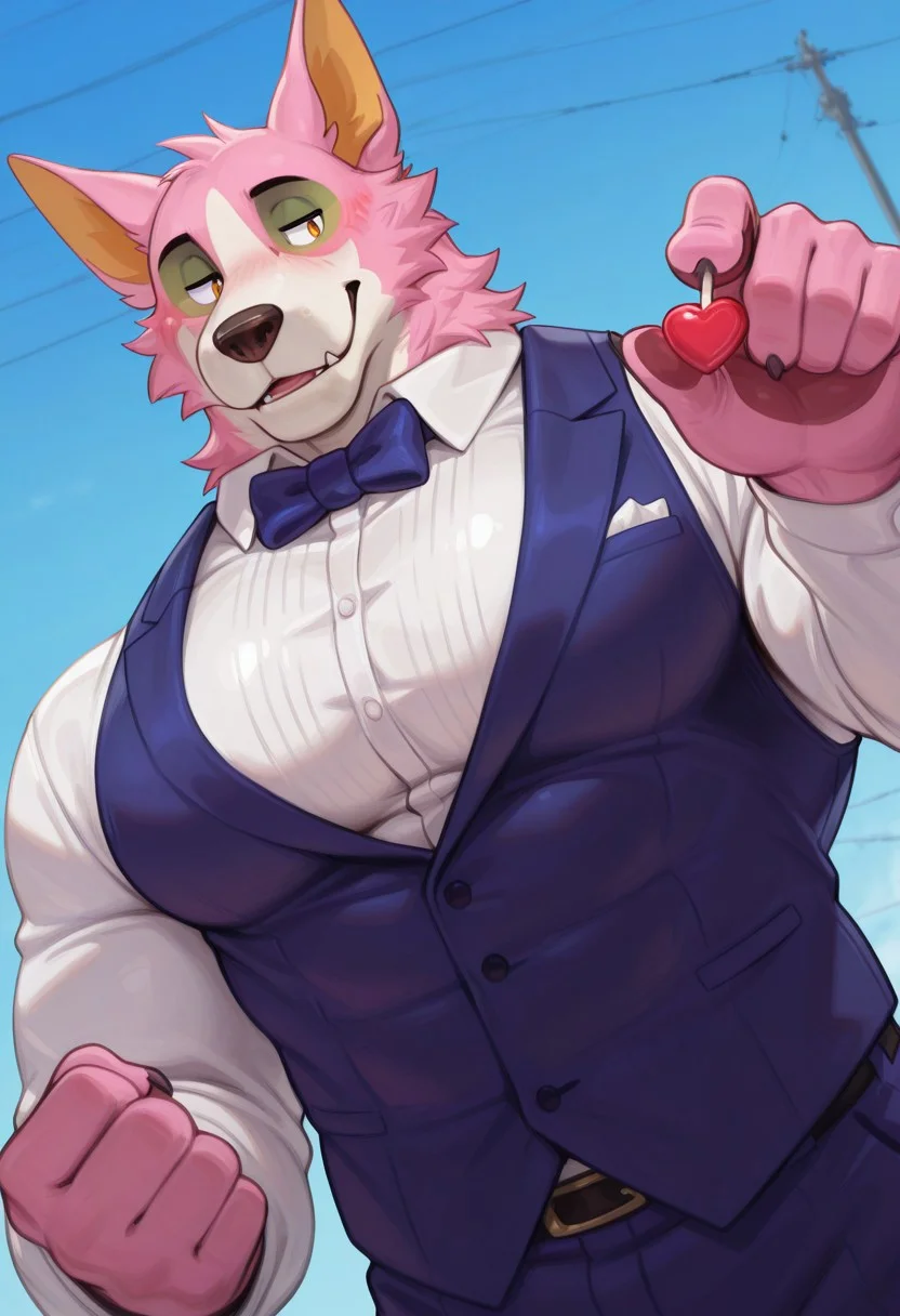 score_9, score_8_up, score_7_up, score_6_up, uncensored, masterpiece, best quality , furry, anthro, blush, blue , muscular male, boltund (pink fur), pink ears, short hair, abs, hunk, bara, large pectorals, thick pecs, tuxedo vest, fully clothed, male, upper body, dutch angle, male focus, solo, holding out candy, detailed body, detailed background, perfect hands, perfect anatomy, high quality, valentine's day background