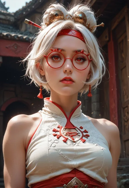 score_9, score_8_up, score_7_up,
1girl, Purah (/The Legend of Zelda)/,(ultra HD quality details), pale skin, white hair, red eyes, short hair, hair bun, red glasses, hair ornament, hair stick, red headband, white shirt, bare shoulders, black skirt, red leggings, sleeveless, high heels, black shoes,
18 years old, looking up to the side, ready for action, medium breasts, fierce, determined, heavy make up, big red lips, colorful, beautiful face, from below, looking at viewer, standing with legs apart, expressiveH