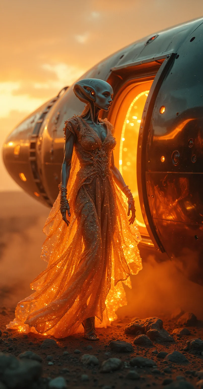 n otherworldly humanoid with an ethereal, porcelain complexion descends from a sleek, metallic spacecraft that has landed with precision on a desolate landscape at dusk. As the ramp of the vessel lowers, she steps out into an extraterrestrial environment shrouded in an orange-hued mist, her slender form bathed in an intense, pulsing light emanating from within the ship's hull, casting long shadows across the barren terrain behind her. Her features are finely detailed and delicately sculpted, as if crafted by a skilled artisan, with sharp cheekbones, full lips, and eyes that hold a captivating, unearthly allure, fringed by thick, dark eyelashes and eyebrows. Her gaze seems to be drawing energy from the surrounding environment, as she surveys her surroundings with an unyielding determination burning within her very being. A flowing, crystalline gown adorns her physique, its intricate patterns shimmering in response to every movement of hers, infusing the desolate landscape with a hint of enchantment and subtle mystery as light dances across its reflective surface, bathing everything in its path with a kaleidoscope of colors that reverberate with each gentle sway.