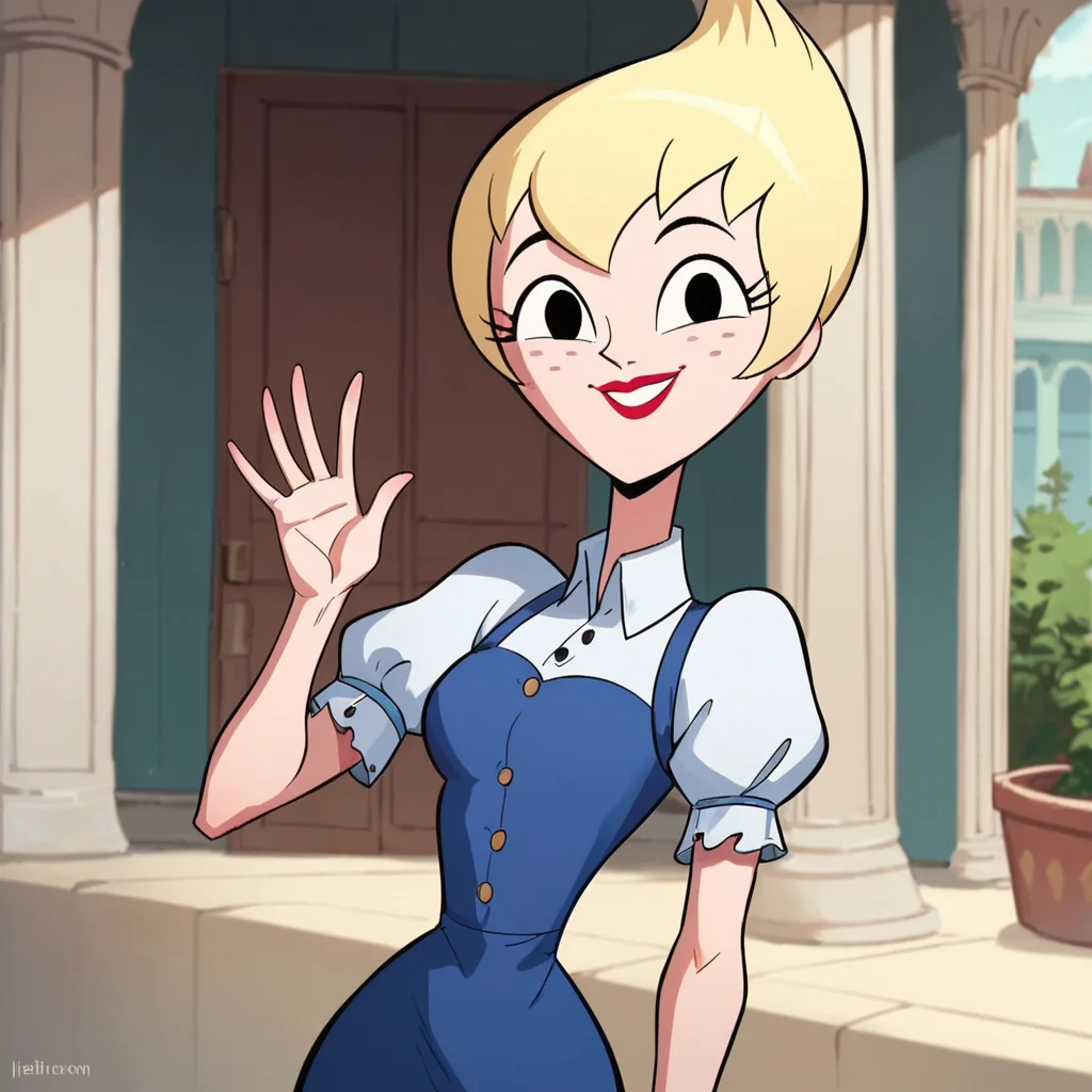 score_9, score_8_up, score_7_up, 1girl, Ilana, blonde hair, short hair, black eyes, freckles, lipstick, small breasts, narrow waist, wide hips, looking at viewer, smile, waving, highres, high quality, masterpiece, <lora:Ilana:1>