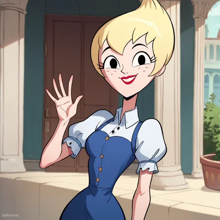 score_9, score_8_up, score_7_up, 1girl, Ilana, blonde hair, short hair, black eyes, freckles, lipstick, small breasts, narrow waist, wide hips, looking at viewer, smile, waving, highres, high quality, masterpiece, <lora:Ilana:1>