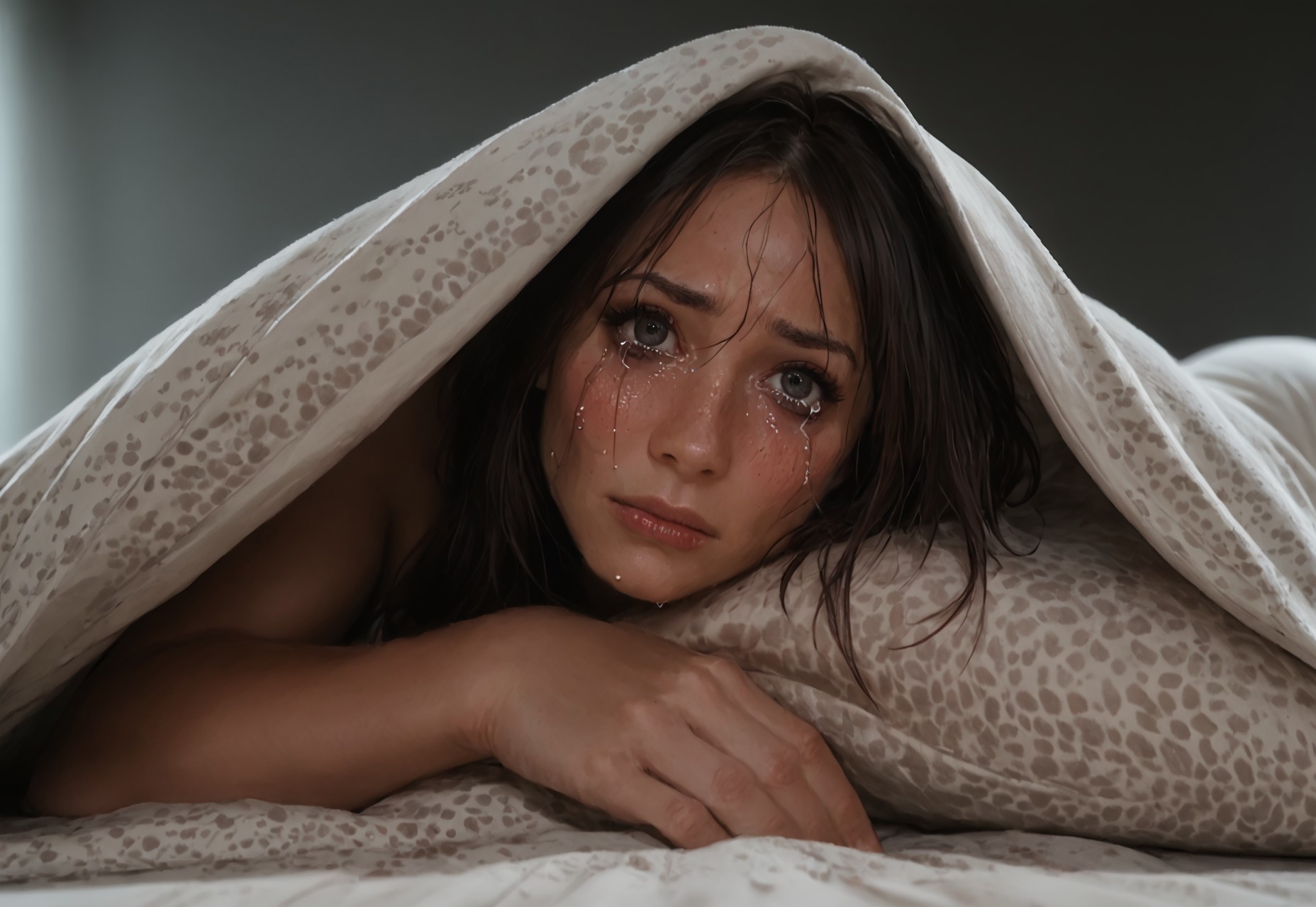 safe_pos, score_9, score_8_up, score_7_up, score_6_up, Fr4n5_M35, rating_explicit,source_cartoon, dark background, blurry background, solo focus, upper body only, close up, dutch angle, on bed, lower body hidden, 1girl, dark hair, hair between eyes, lying in bed, laying on side, sideways view, covered in sheet, under blankets, low light, wavy mouth, looking at viewer, tears in eyes, crying, extreme close up face view, low angle view, frowning, sad, blushing, runny mascara, IntenseExpression