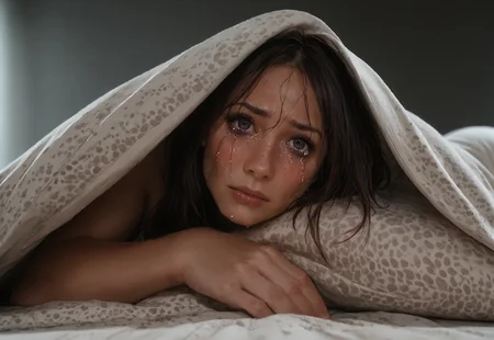 safe_pos, score_9, score_8_up, score_7_up, score_6_up, Fr4n5_M35, rating_explicit,source_cartoon, dark background, blurry background, solo focus, upper body only, close up, dutch angle, on bed, lower body hidden, 1girl, dark hair, hair between eyes, lying in bed, laying on side, sideways view, covered in sheet, under blankets, low light, wavy mouth, looking at viewer, tears in eyes, crying, extreme close up face view, low angle view, frowning, sad, blushing, runny mascara, IntenseExpression
