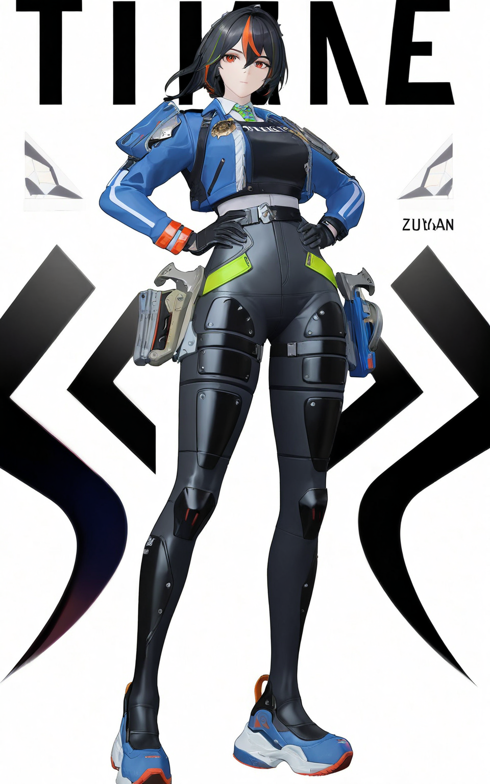 8k, best quality, masterpiece, (ultra-detailed), (high detailed skin), (white background:1.3), 
(full body:1.25), (white background), standing, looking at viewer, (solo:1.3), hands on hips, 
<lora:zhuyuan-a3-Tanger-000014:0.8>, zhuyuan, default clothes, Police combat uniforms, 1girl, multicolored hair, black hair, blue jacket, gloves, streaked hair,  
(beautiful_face), ((intricate_detail)), clear face, 
((finely_detailed)), fine_fabric_emphasis, 
((glossy)), full_shot,