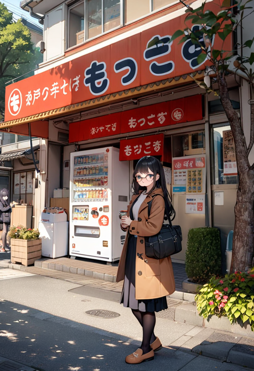 masterpiece, best quality, very aesthetic, absurdres,
1girl, solo, glasses, black hair, long hair, duffle coat, black bag, smile, looking at viewer, solo focus,
moccos, scenery, storefront, japan, tree, scenery, outdoors, building, sign, vending machine, real world location, window, road, shop, plant
<lora:moccos_ramen_JAPAN_storefront_SDXL_V2:0.8>